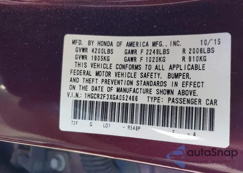 2016 Honda Accord Lx z USA, uszkodzony, nr VIN 1HGCR2F3XGA052466